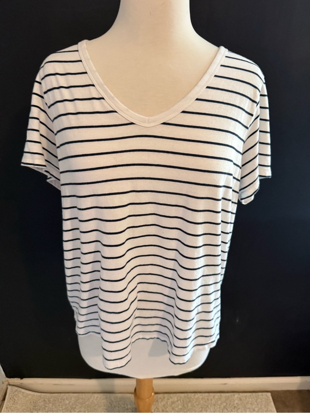 Women's V-Neck Short Sleeve Tee - White with Black Stripes Large